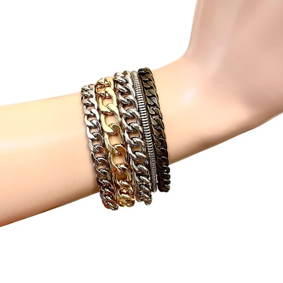 Jenny Bird Chunky Chain Austin Cuff Bracelet Mixed Metal Adjustable Length With - Picture 1 of 7